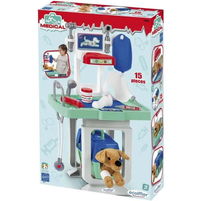 Ecoiffier - 1908 - Clinique vétérinaire et jouet de docteur pour enfants avec chien en peluche, table d'examen et accessoires médicaux - Fabriqué en France