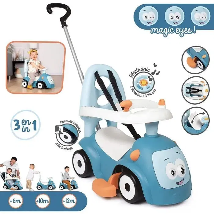 Smoby Porteur Maestro Balade Bleu Évolutif 3 en 1 - Trotteur et Porteur pour Enfant dès 6 mois, avec Canne Parentale, Harnais, Coffre à Jouets et Roues Silencieuses