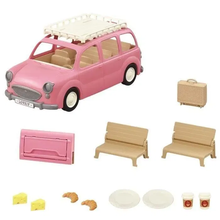 Sylvanian Families - Monospace rose pour pique-nique et balade en famille, contient jusqu'à 7 personnages