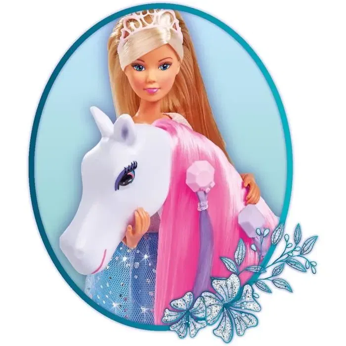 Simba - Poupée Mannequin Steffi Love Princesse et Cheval 29cm, avec Cheval, Robe, Tiare et Accessoires de Coiffure - Pour Enfants de 3 à 8 ans