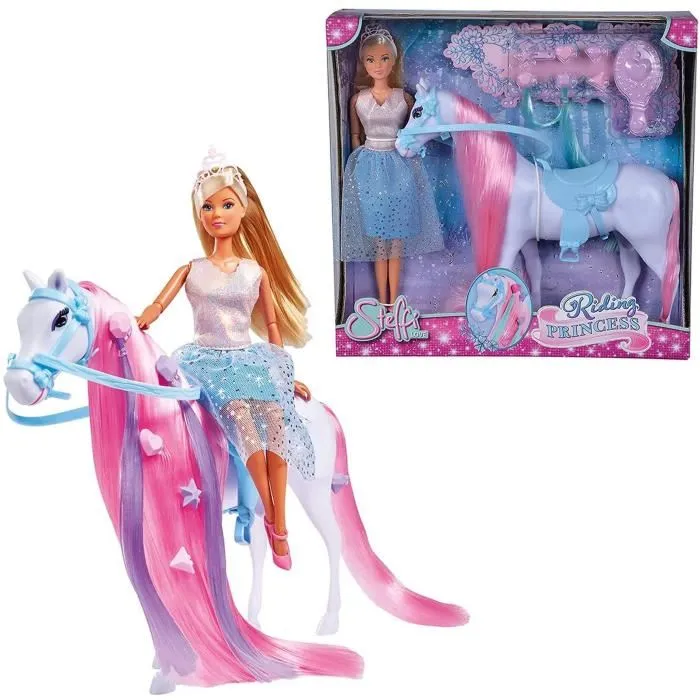 Simba - Poupée Mannequin Steffi Love Princesse et Cheval 29cm, avec Cheval, Robe, Tiare et Accessoires de Coiffure - Pour Enfants de 3 à 8 ans