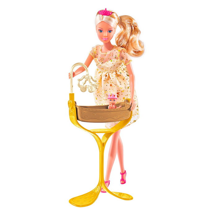 Steffi Love Royal Baby 5737084 Simba - Poupée enceinte avec bébé, robe dorée, berceau et tiara rose - Pour enfants +3 ans (Manuel multilingue)