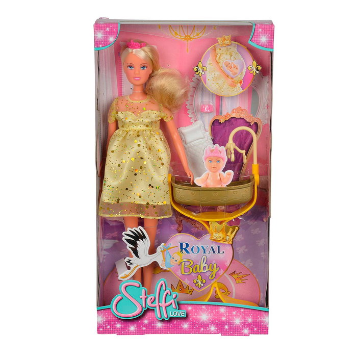 Steffi Love Royal Baby 5737084 Simba - Poupée enceinte avec bébé, robe dorée, berceau et tiara rose - Pour enfants +3 ans (Manuel multilingue)
