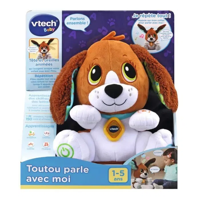 VTECH BABY Toutou parle avec moi - Jouet interactif éducatif pour le développement du langage, chien parlant avec tête et oreilles mobiles, pour enfants de 1 à 5 ans - Brun