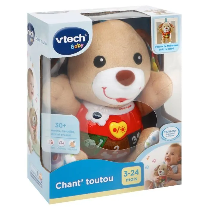 VTECH Baby Peluche Interactive Chien Chant'toutou Brun - Jouet Éducatif Enfant avec Boutons Lumineux, Chansons et Textures Douces