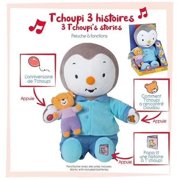 Jemini Peluche T'choupi Raconte-moi une Histoire - Interactive avec 3 Histoires - 30 cm - Bleu - Enfant - Piles Fournies