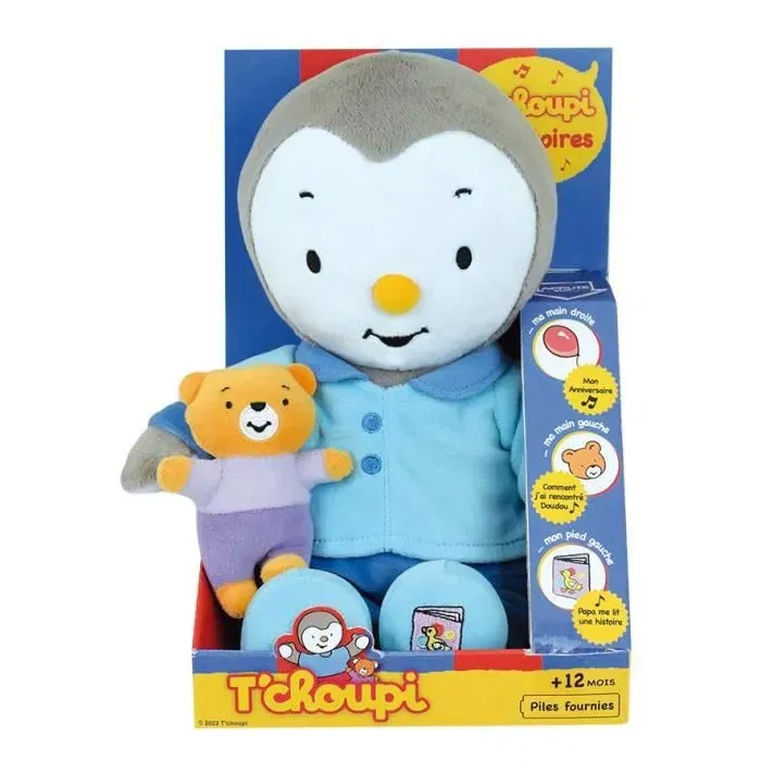 Jemini Peluche T'choupi Raconte-moi une Histoire - Interactive avec 3 Histoires - 30 cm - Bleu - Enfant - Piles Fournies
