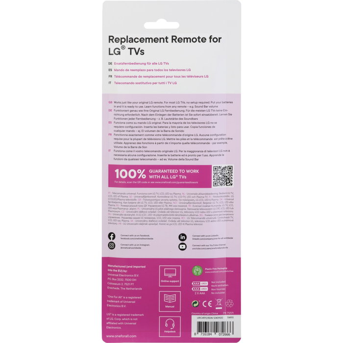 One For All URC4911 Télécommande de remplacement pour TV LG
