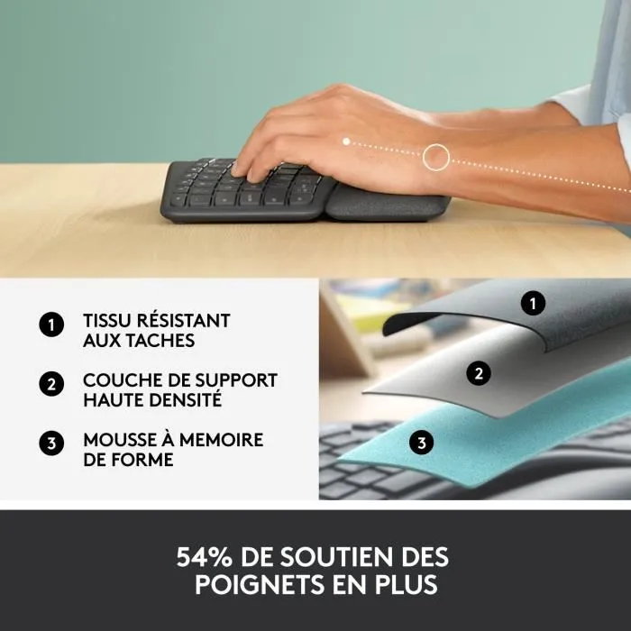 Logitech ERGO K860 Clavier Sans fil Ergonomique AZERTY Noir avec Repose-Poignets - Réduit la Flexion des Poignets de 25%