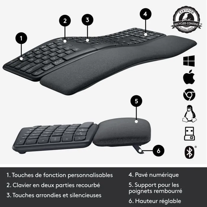 Logitech ERGO K860 Clavier Sans fil Ergonomique AZERTY Noir avec Repose-Poignets - Réduit la Flexion des Poignets de 25%