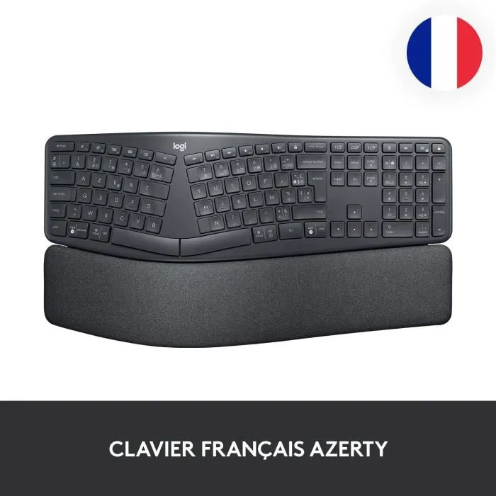 Logitech ERGO K860 Clavier Sans fil Ergonomique AZERTY Noir avec Repose-Poignets - Réduit la Flexion des Poignets de 25%
