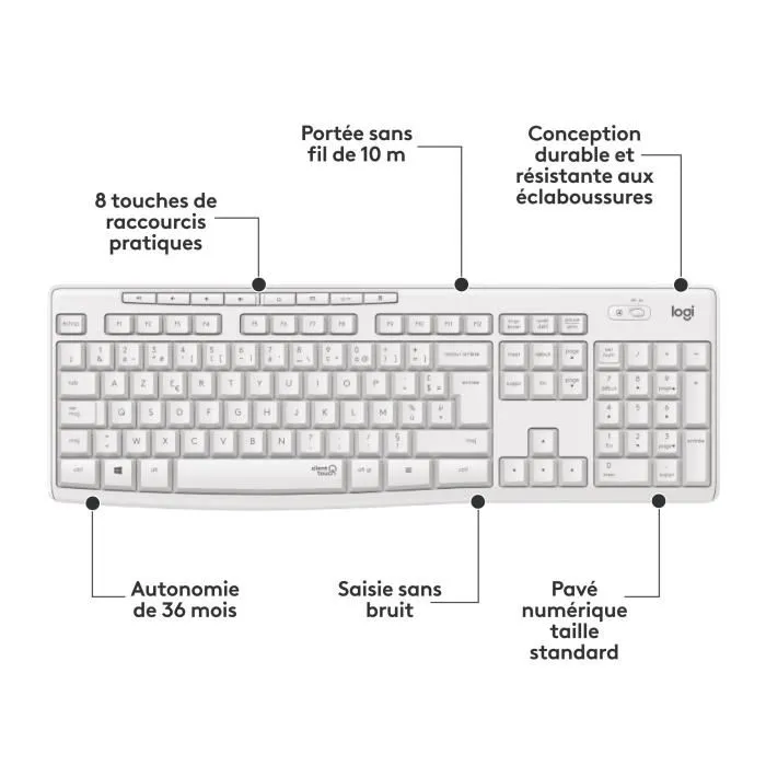 Logitech MK295 - Ensemble Clavier et Souris Sans Fil Silencieux AZERTY en Blanc - Supprime 90% du Bruit