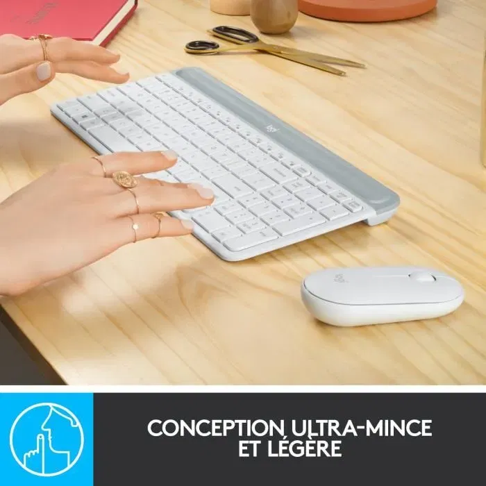 Logitech MK470 Slim Ensemble Clavier et Souris sans Fil Ultra-Mince et Silencieux AZERTY Blanc