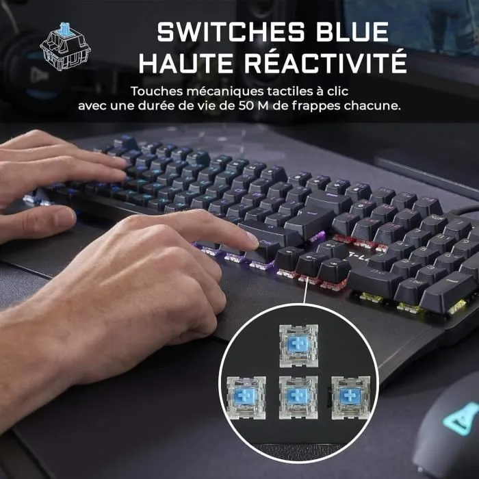 The G-Lab KEYZ CARBON Evolution - Clavier mécanique gaming avec switch bleu, rétroéclairage RGB, repose-poignet, AZERTY, filaire, noir