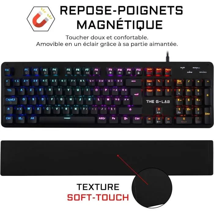 The G-Lab KEYZ CARBON Evolution - Clavier mécanique gaming avec switch bleu, rétroéclairage RGB, repose-poignet, AZERTY, filaire, noir