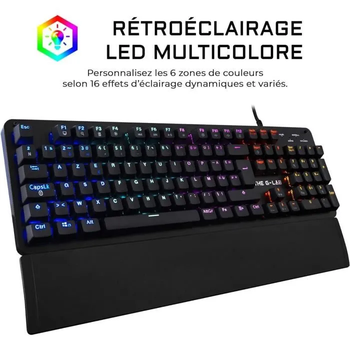 The G-Lab KEYZ CARBON Evolution - Clavier mécanique gaming avec switch bleu, rétroéclairage RGB, repose-poignet, AZERTY, filaire, noir