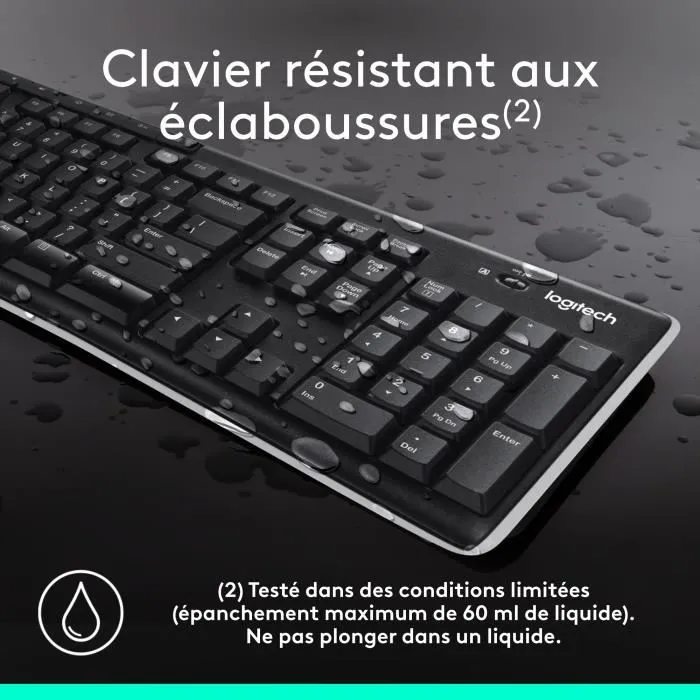 Logitech K270 - Clavier AZERTY sans fil Noir avec touches multimédia, résistant aux éclaboussures, pour Windows