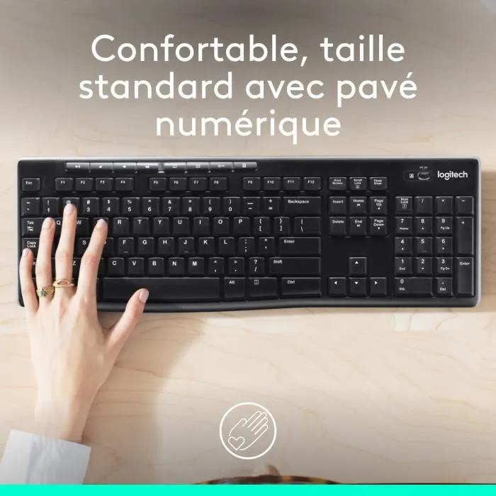 Logitech K270 - Clavier AZERTY sans fil Noir avec touches multimédia, résistant aux éclaboussures, pour Windows