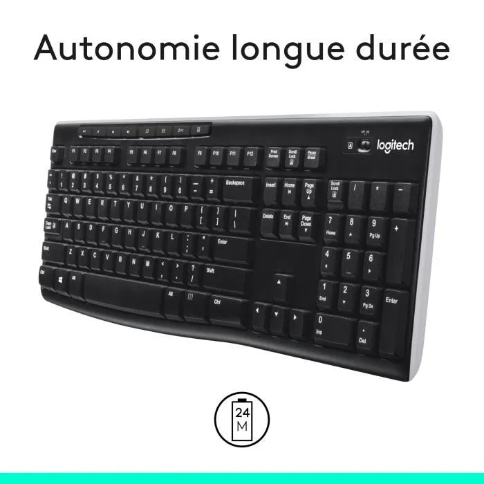 Logitech K270 - Clavier AZERTY sans fil Noir avec touches multimédia, résistant aux éclaboussures, pour Windows