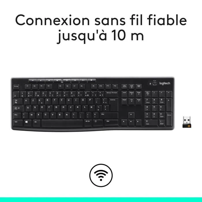 Logitech K270 - Clavier AZERTY sans fil Noir avec touches multimédia, résistant aux éclaboussures, pour Windows