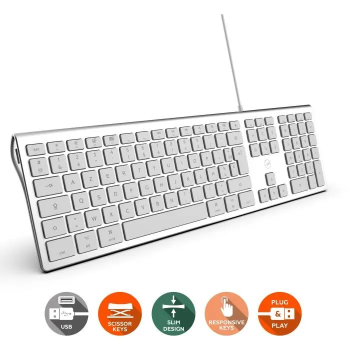 Mobility Lab ML304304 Clavier Touch Filaire Design avec 2 Ports USB pour Mac, AZERTY, Blanc et Argenté