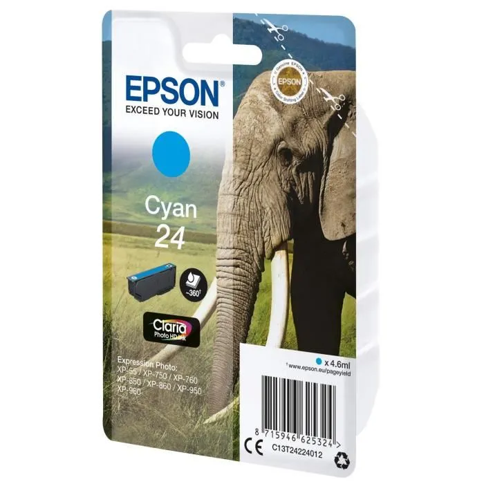 Epson Cartouche d'encre T2422 Cyan Série Eléphant - Référence C13T24224012 - Compatible imprimante Epson