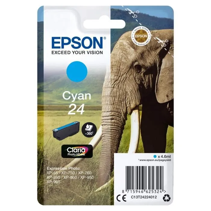 Epson Cartouche d'encre T2422 Cyan Série Eléphant - Référence C13T24224012 - Compatible imprimante Epson