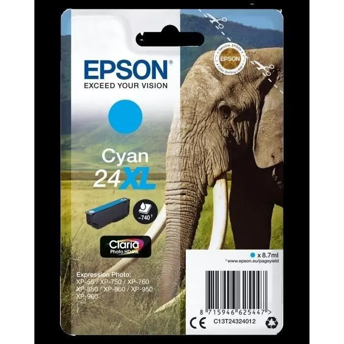 Epson Cartouche d'encre T2432 XL Cyan pour série Elephant (Réf. C13T24324012) - Compatible imprimantes Epson Epson Cartouche d'encre T2432 XL Cyan pour série Elephant (Réf. C13T24324012) - Compatible imprimantes Epson