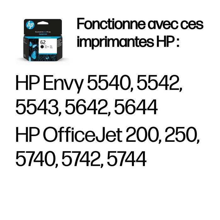 HP Cartouche d'encre authentique Noir HP 62 pour imprimantes ENVY, OfficeJet (env. 200 pages)