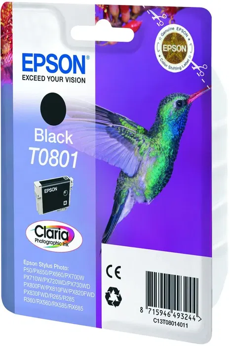 Epson Cartouche d'encre noir T0801 Colibri C13T08014011 - Compatible - 7.4 ml - Encre Claria Photographic Epson Cartouche d'encre noir T0801 Colibri C13T08014011 - Compatible - 7.4 ml - Encre Claria Photographic