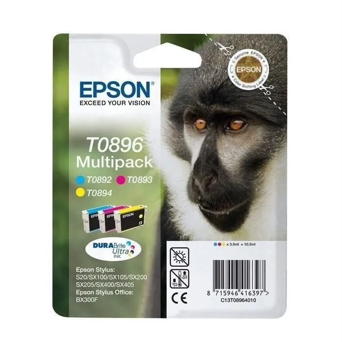 Epson Multipack T0896 Singe - Cartouches d'encre Cyan, Magenta, Jaune, Noir DURABrite Ultra - Réf. C13T08954010 Epson Multipack T0896 Singe - Cartouches d'encre Cyan, Magenta, Jaune, Noir DURABrite Ultra - Réf. C13T08954010