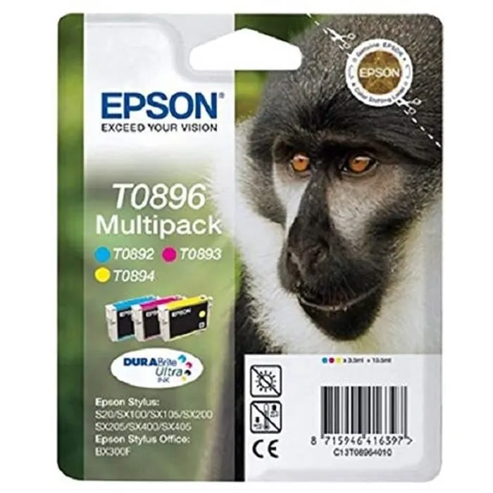 Epson Multipack T0896 Singe - Cartouches d'encre Cyan, Magenta, Jaune, Noir DURABrite Ultra - Réf. C13T08954010 Epson Multipack T0896 Singe - Cartouches d'encre Cyan, Magenta, Jaune, Noir DURABrite Ultra - Réf. C13T08954010