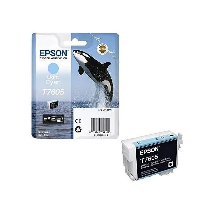 Epson Cartouche d'encre T7605 Cyan clair (C13T76054010) - Grande capacité 25.9ml - Encre Ultra Chrome HD - Pour imprimante Surecolor SC-P600