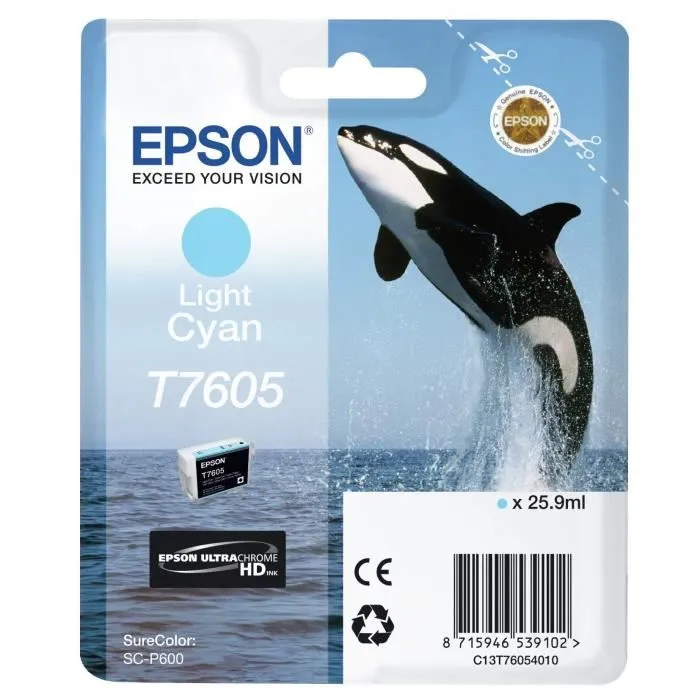 Epson Cartouche d'encre T7605 Cyan clair (C13T76054010) - Grande capacité 25.9ml - Encre Ultra Chrome HD - Pour imprimante Surecolor SC-P600