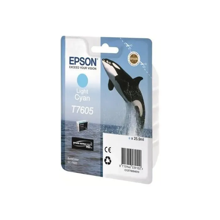 Epson Cartouche d'encre T7605 Cyan clair (C13T76054010) - Grande capacité 25.9ml - Encre Ultra Chrome HD - Pour imprimante Surecolor SC-P600