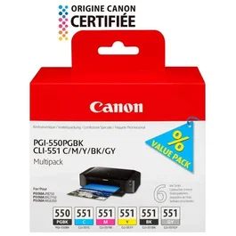 Canon Pack de 6 cartouches d'encre PGI-550 CLI-551 Noir Gris Cyan Magenta Jaune pour imprimantes jet d'encre