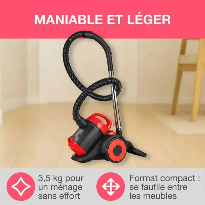 Oceanic VC10RBAX2 - Aspirateur traîneau sans sac, 700 W, 80 dB, filtre HEPA lavable, 3 L, couleur rouge - Avec 2 brosses