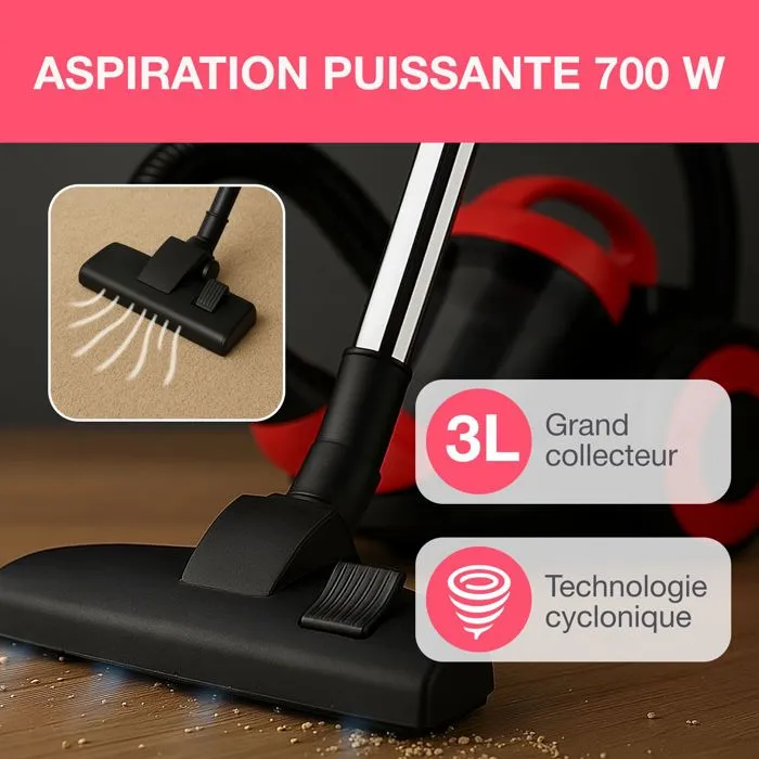 Oceanic VC10RBAX2 - Aspirateur traîneau sans sac, 700 W, 80 dB, filtre HEPA lavable, 3 L, couleur rouge - Avec 2 brosses