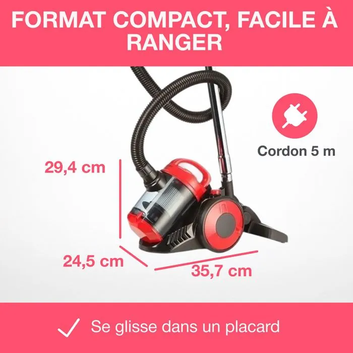 Oceanic VC10RBAX2 - Aspirateur traîneau sans sac, 700 W, 80 dB, filtre HEPA lavable, 3 L, couleur rouge - Avec 2 brosses
