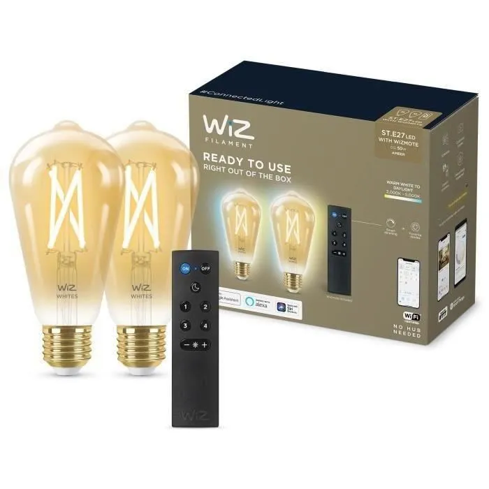 WiZ Kit de démarrage avec 2 ampoules LED connectées Edison E27 Blanc variable 50W + Télécommande nomade pour variateur de lumière WiZ Kit de démarrage avec 2 ampoules LED connectées Edison E27 Blanc variable 50W + Télécommande nomade pour variateur de lumière