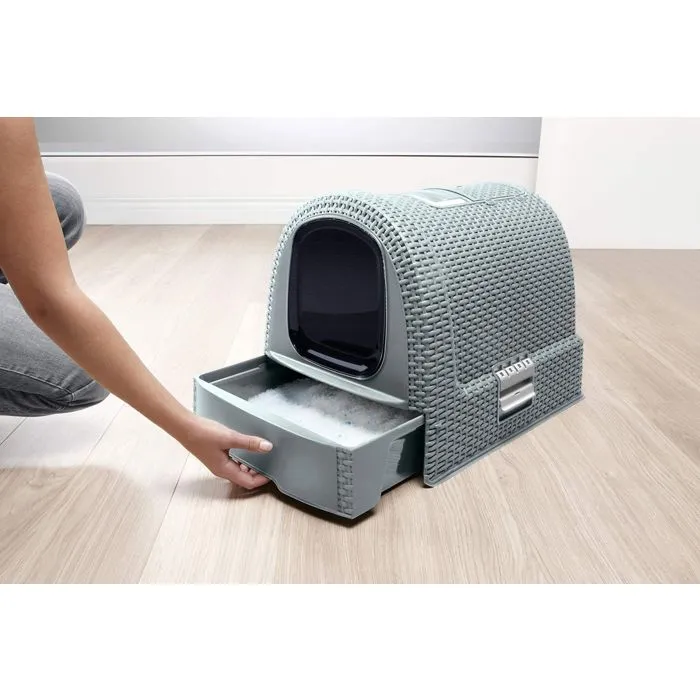 Curver Bac à litière pour chat avec système coulissant et filtre à charbon, couleur bleu gris, 51 x 38,5 x 39,5 cm