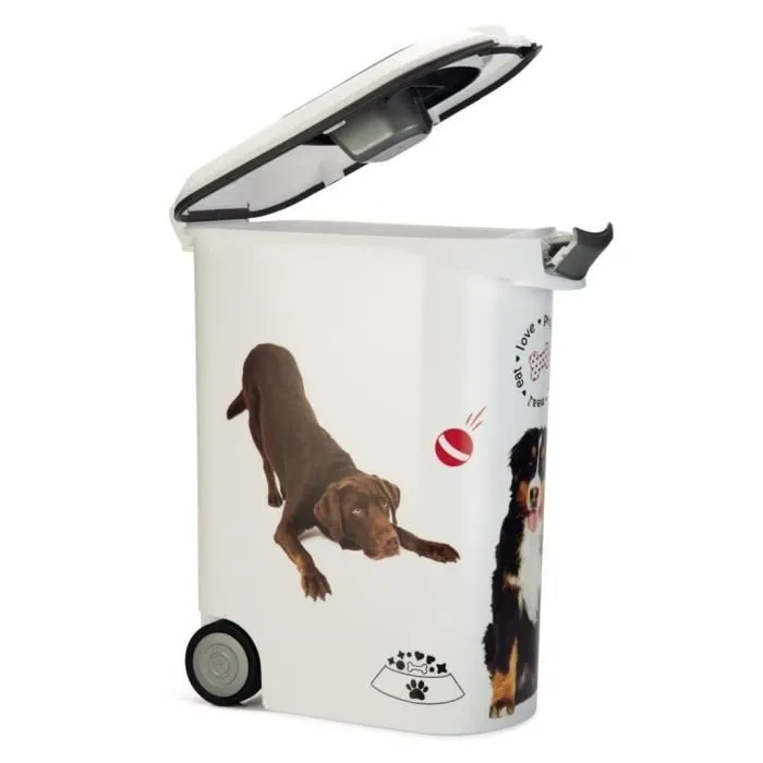 Curver Conteneur à croquettes pour chien Love Pets 54L 20 kg avec roulettes, pelle, jauge et joint hermétique - Blanc