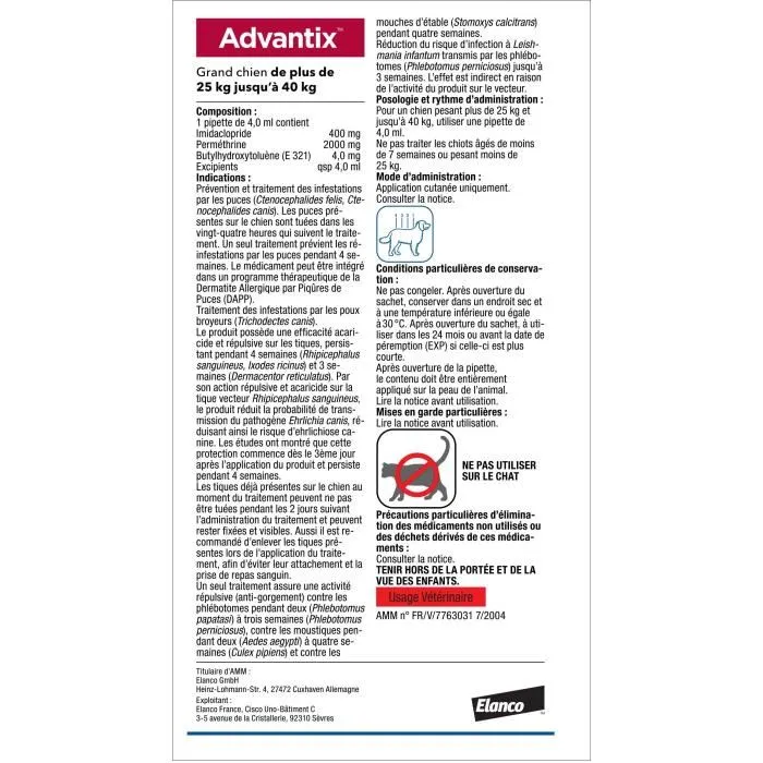 Advantix Solution Antiparasitaire Grande Race 25 à 40 kg, 6 pipettes