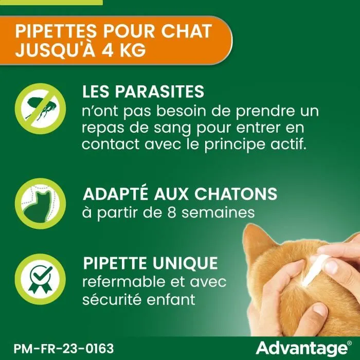 Advantage - Antipuces pour Chat et Lapin jusqu'à 4kg - Élimination rapide en 12h - Lot de 4 Pipettes - Action longue durée