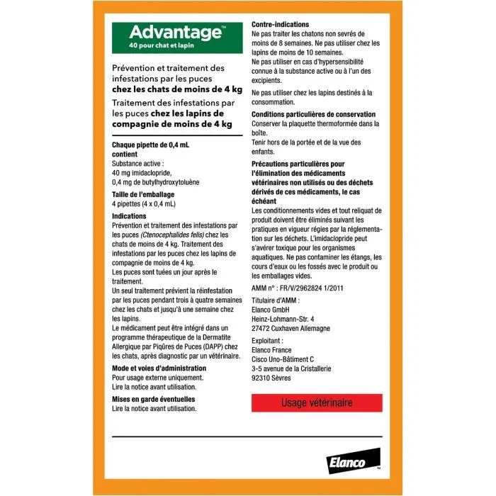 Advantage - Antipuces pour Chat et Lapin jusqu'à 4kg - Élimination rapide en 12h - Lot de 4 Pipettes - Action longue durée