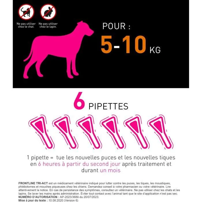 Frontline Tri-Act chien - Anti-puces anti-tiques - 5-10kg - 6 pipettes