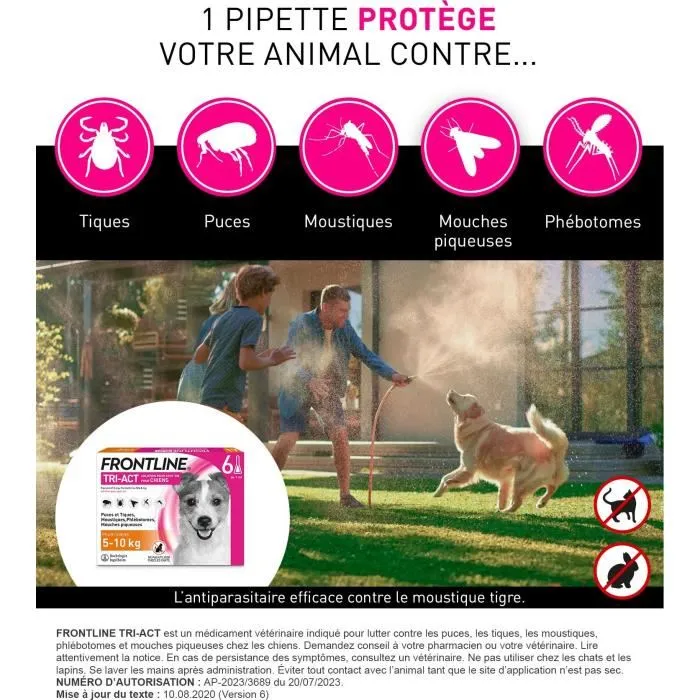 Frontline Tri-Act chien - Anti-puces anti-tiques - 5-10kg - 6 pipettes