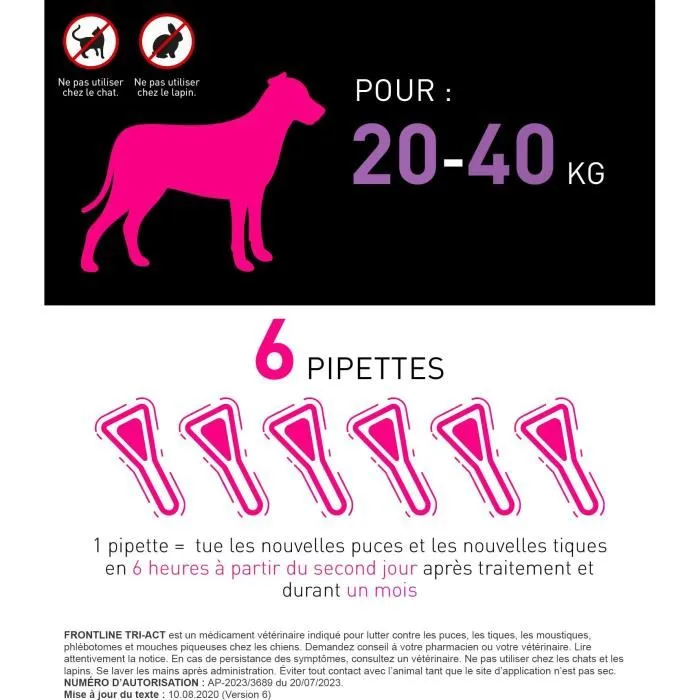 Frontline Tri-Act chien - Anti-puces anti-tiques - 20-40kg - 6 pipettes