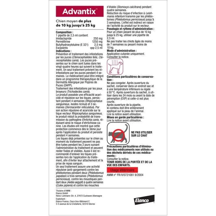 Advantix Solution Antiparasitaire Chien Race Moyenne 10 à 25kg, 6 pipettes