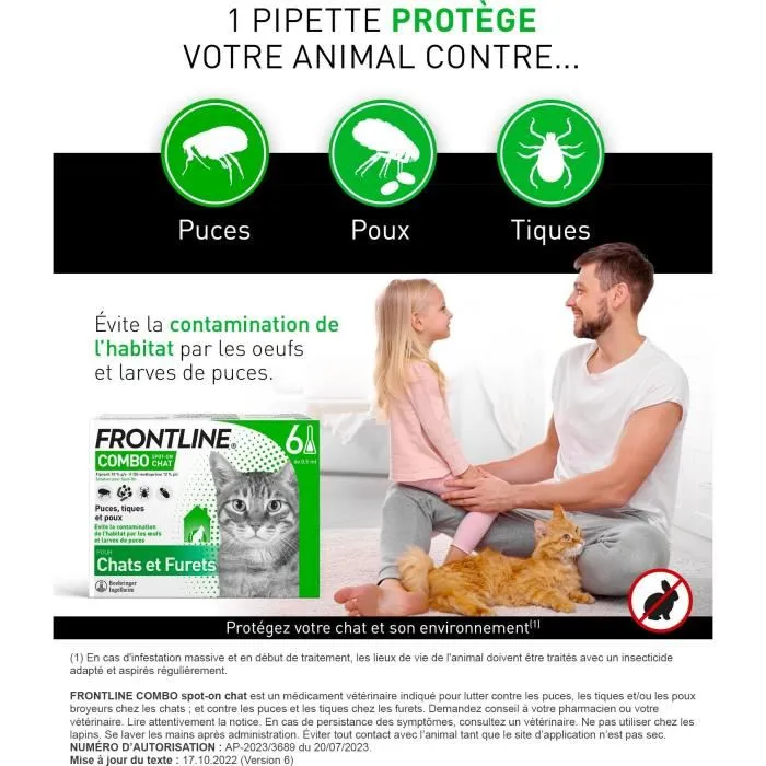 Frontline Combo Chat - 6 Pipettes Anti-Puces, Anti-Tiques et Anti-Poux Broyeurs avec S-Methoprene - Prévention de l'Infestation de l'Habitat - Pour Chats et Furets